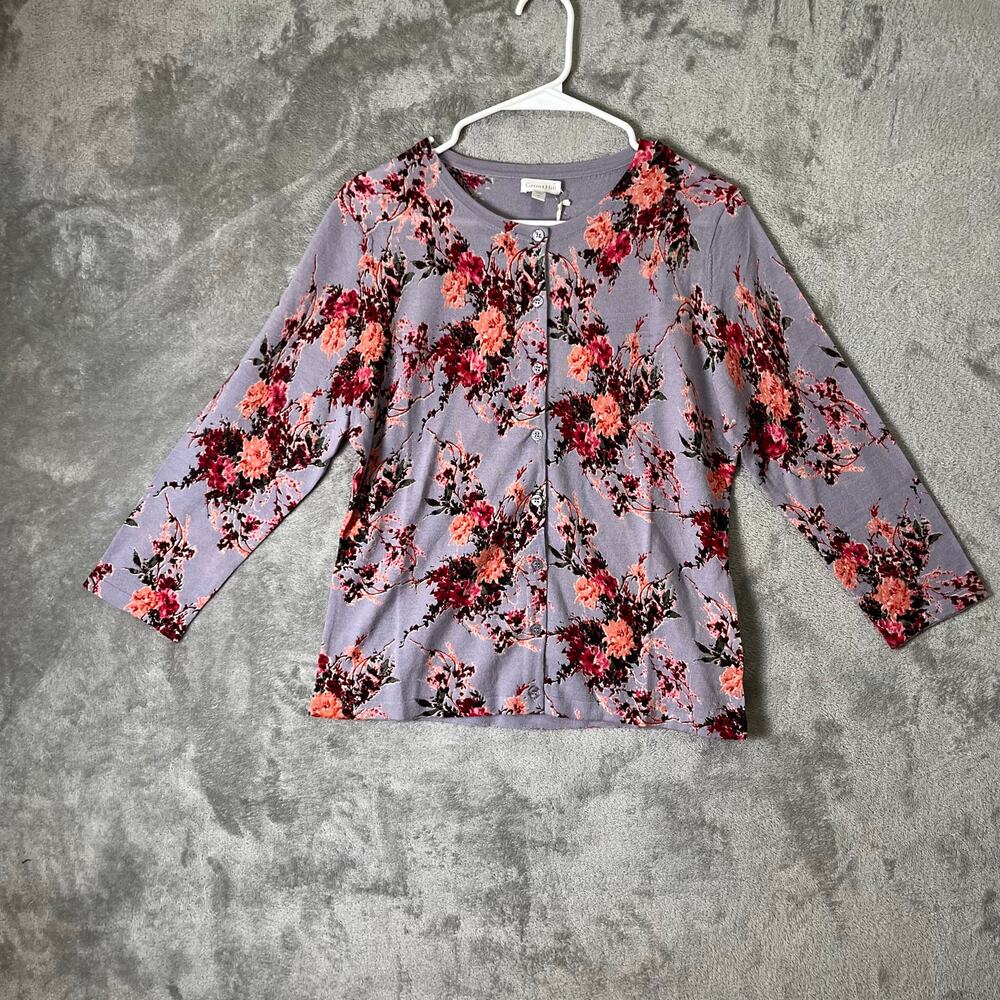 Garnet Hill Signature Eco Merino Wool Cardigan Purple Floral Cottagecore M New